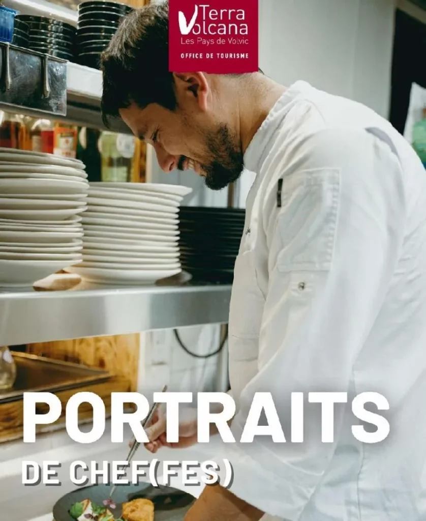 Couverture du livret « Portraits de chef(fes) » conçu par Syllab Communication pour l'Office de Tourisme Terra Volcana dans le secteur de la gastronomie.